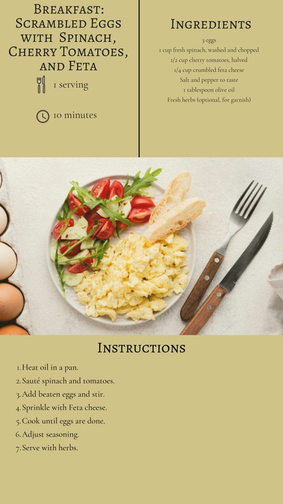 recipe of scorambled eggs with spinach, cherry tomatoes, and feta