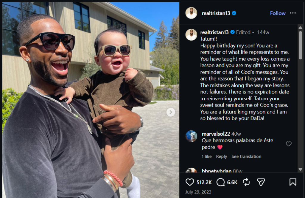 Tristan Thompson Instagram post about hist son Tatum